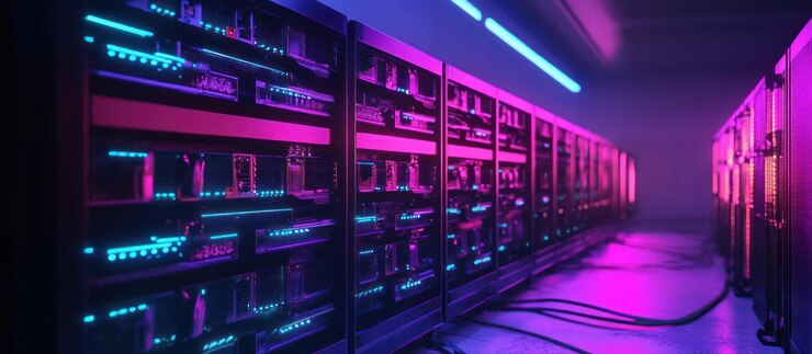 PSD neonlit server room with rows of racks