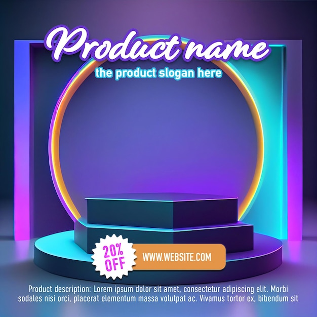 Neonowe podium lub platforma do prezentacji produktów z futurystyczną sceną Szablon PSD