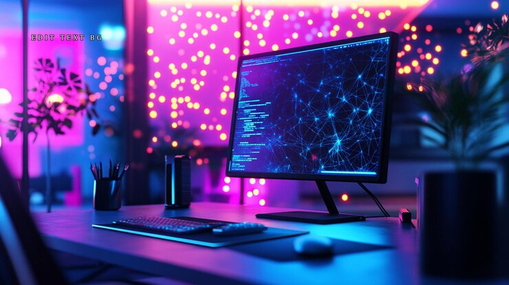 PSD neonowo oświetlone biurko komputerowe z interfejsem kodującym wyświetlanym na monitorze
