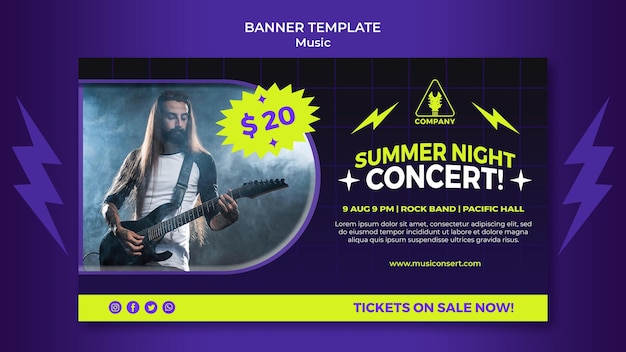 Neonowy poziomy baner na letni koncert nocny