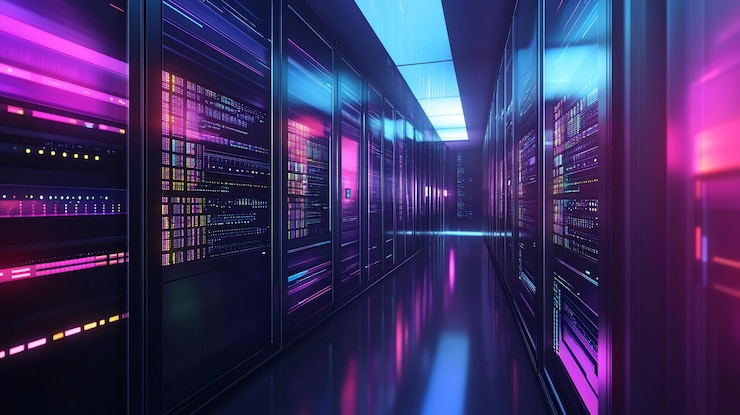 PSD neonverlichte gang van de serverruimte met gloeiende gegevensschermen op rekken