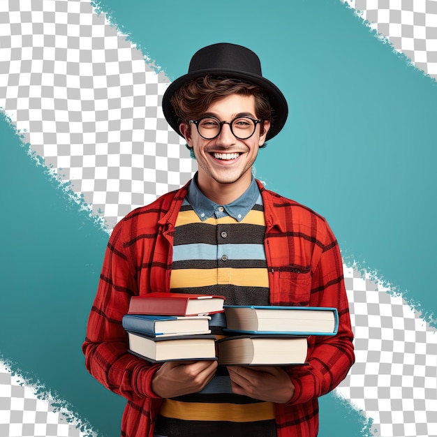 PSD nerd student z modnymi okularami i kapeluszem stoi z książkami na przezroczystym tle w stylowym stroju