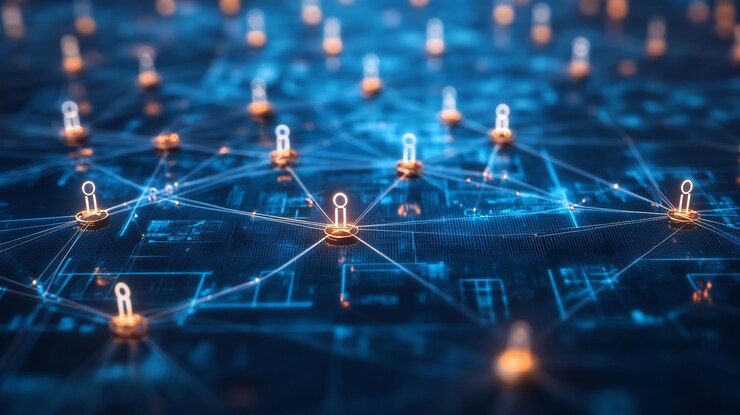 PSD network of glowing nodes interconnected representing digital connectivity and communication
