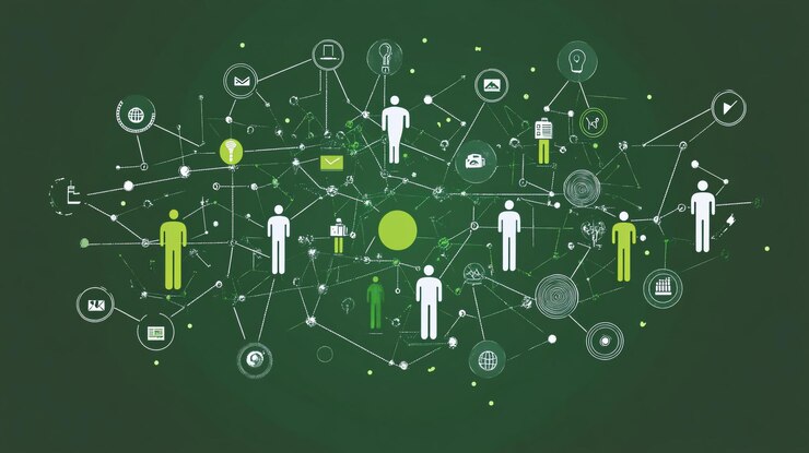 PSD network of interconnected people and icons on a green background symbolizing global communication and collaboration