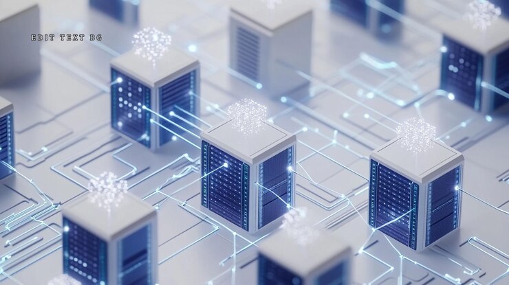 PSD networked data servers with glowing nodes illustrating data flow and connectivity
