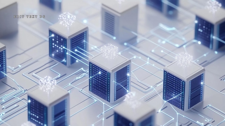 PSD networked data servers with glowing nodes illustrating data flow and connectivity