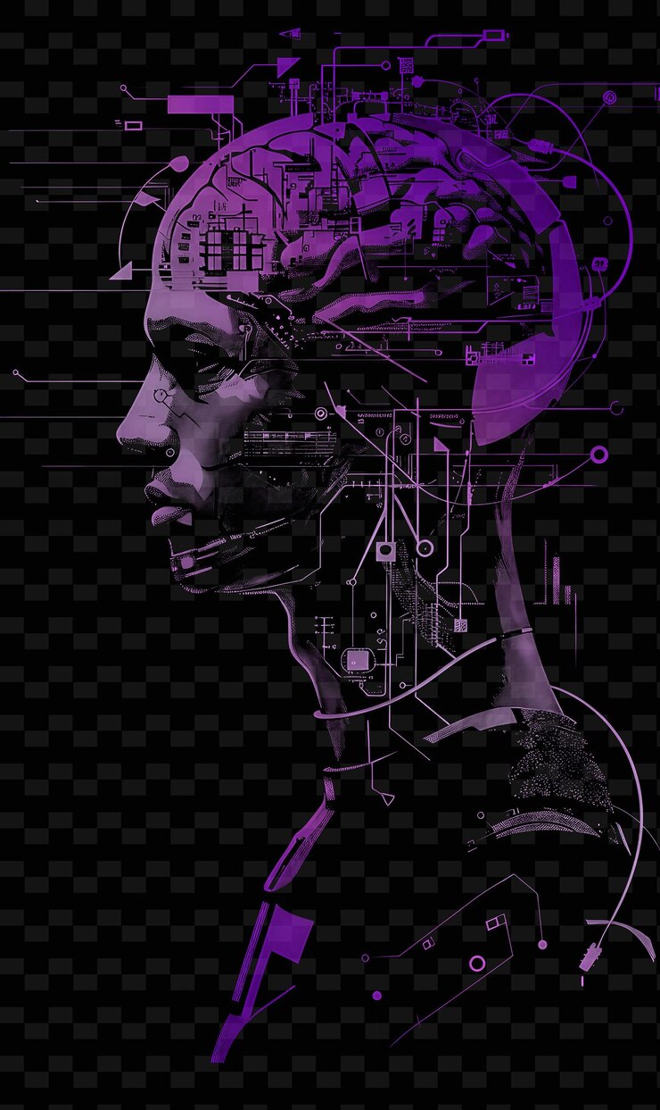 PSD neural hacker with a brain computer interface in a focused p flat illustration character portraits