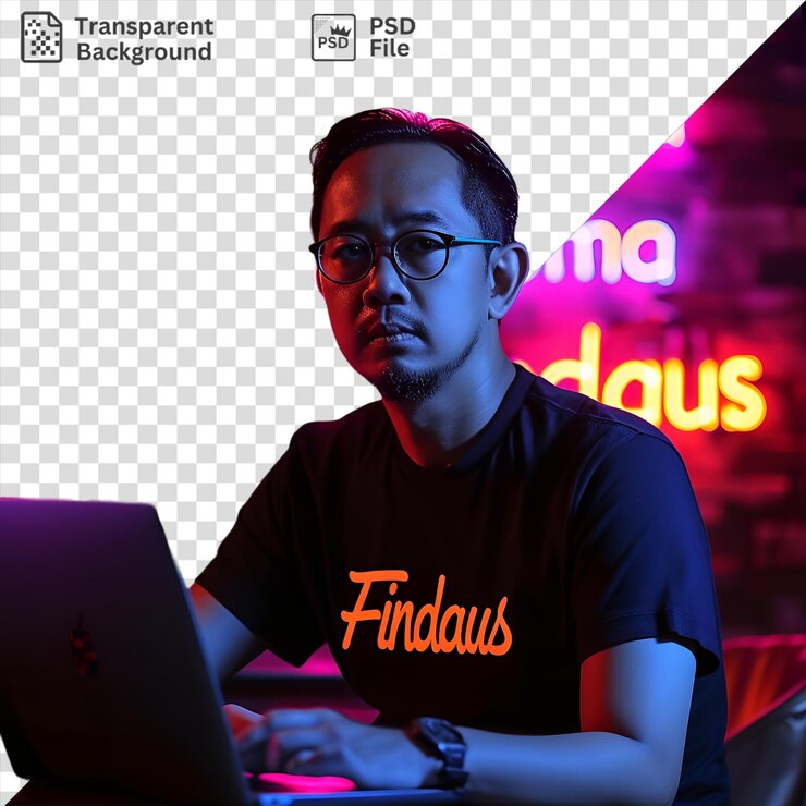 PSD neural9 a man with dark hair and glasses sits at a wooden table with an open laptop in front of him he wears a blue and black shirt with the text n