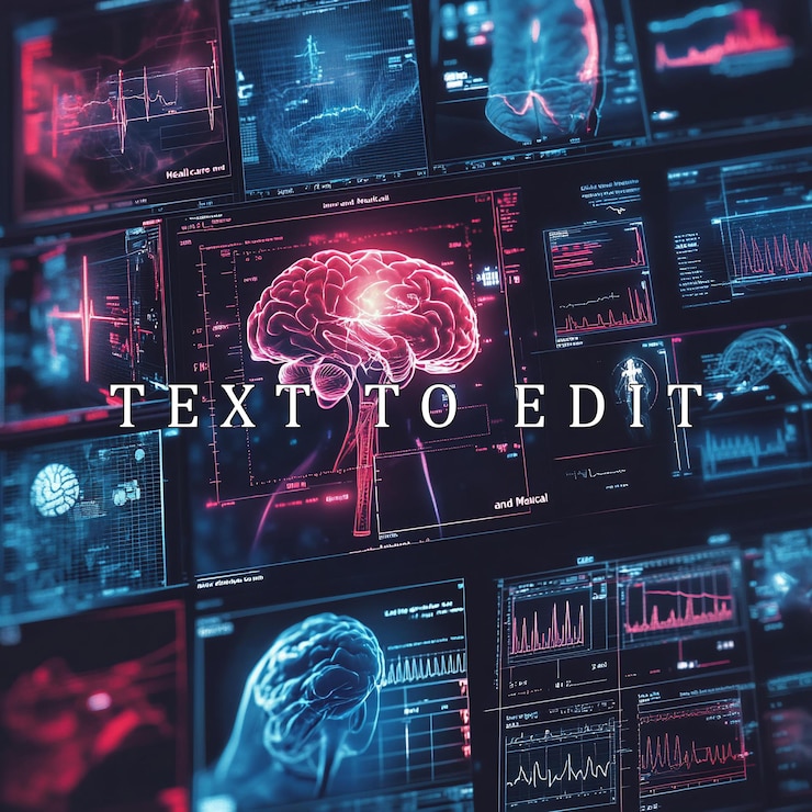 PSD neurological data visualization brain scans and medical charts on digital screens