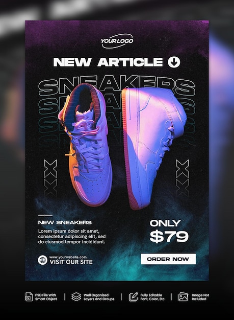 PSD new article shoes sneakers sale for flyer poster print template design