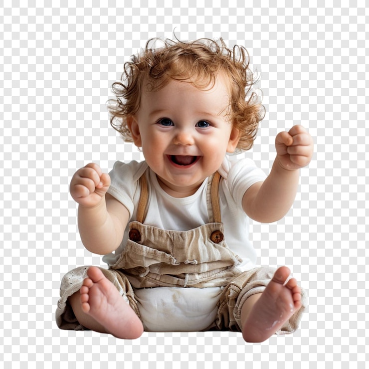 PSD a new born baby is smiling and sitting on the floor isolated on transparent background