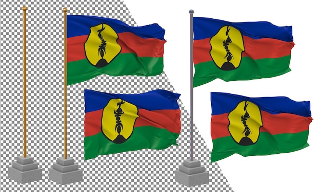 new caledonia flag waving different style with stand pole isolated 3d rendering