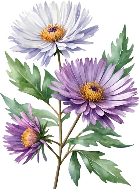 PSD new england aster flowers watercolor painting of new england aster flowers