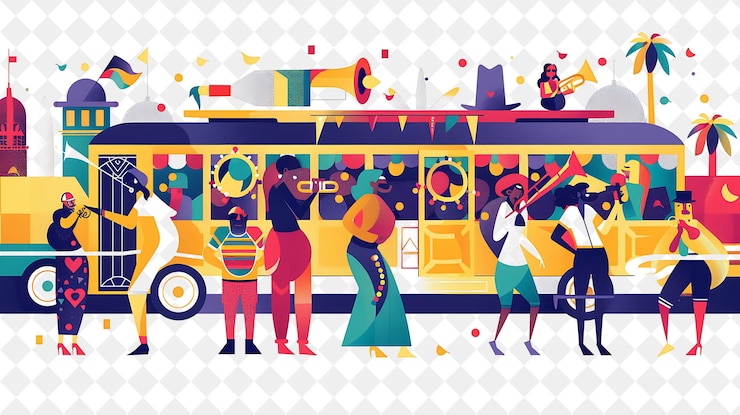 PSD new orleans jazz with characters having a parade design is f people life style flat illustration