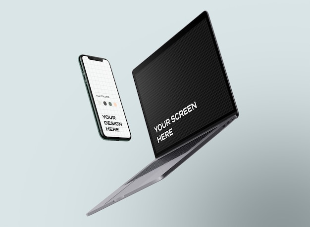 New smartphone and laptop mockups floating