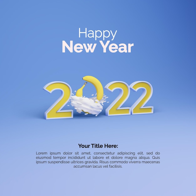 PSD new year 2022 banana cloud effect with bold letters 3d rendering