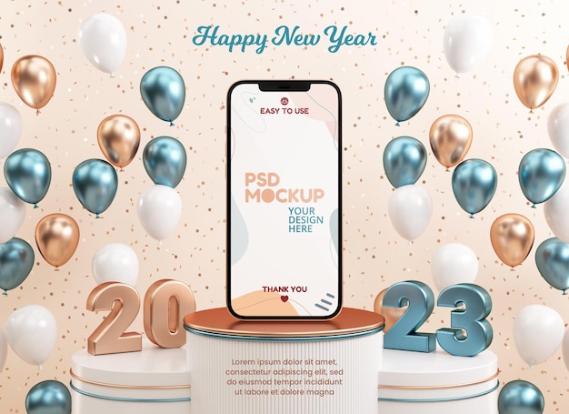 New year 2023 mobile phone screen mockup with metallic numbers and balloons on a festive background