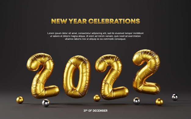 New year celebrations 2022 metallic gold foil balloons template background