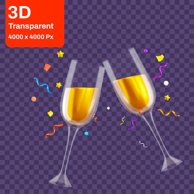 New Year Cheers Two Wine Glasses 3D Icon Wine glasses Toast Two glasses clinking Elegant wineglasses
