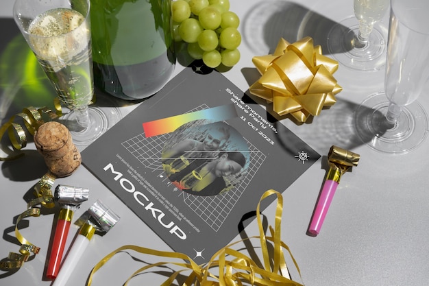 シャンパンのボトル付きの新年メニューモックアップ