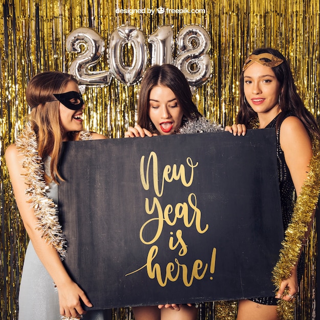 PSD new year mockup with three girls and board