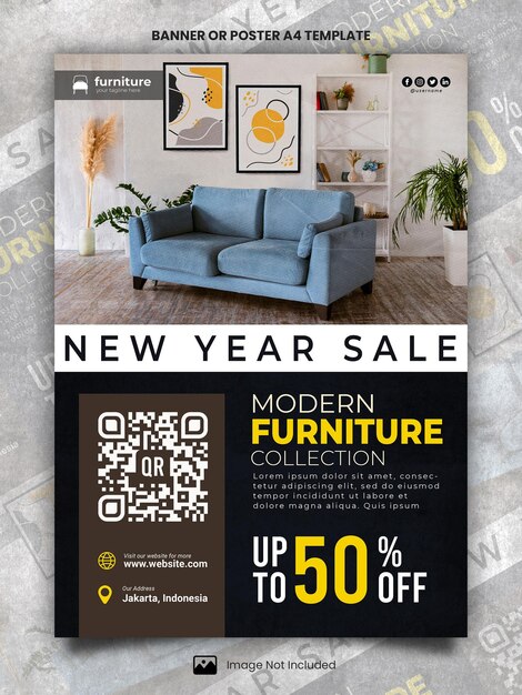 新年モダン家具の販売ポスター a4 またはバナーテンプレート