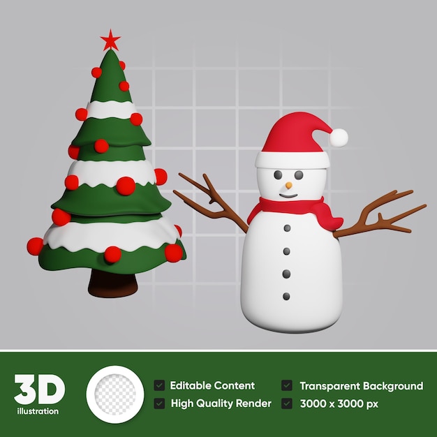 PSD illustrazione 3d dell'albero di pino e del pupazzo di neve del nuovo anno