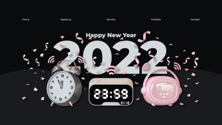 PSD 新年网页模板与时钟三维<unk>染插图