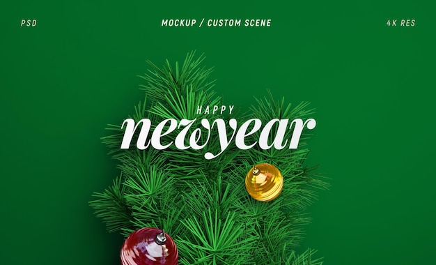 New Year and Winter background Mockup with Christmas tree branches top view for poster or banner