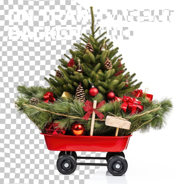 PSD new years shopping and sales concept shopping wheelbarrow with christmas tree and label isolated o