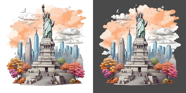 PSD 뉴욕 라이프 스타일 리버티 도시 티셔츠 디자인 투명한 배경 클리파트 스티커