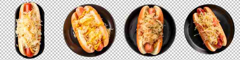 PSD new yorkstyle hot dog with sauerkraut and mustard set isolated on top view black background