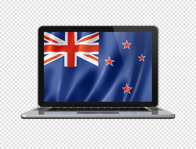 Флаг новой зеландии на экране ноутбука изолирован на белой 3d иллюстрации