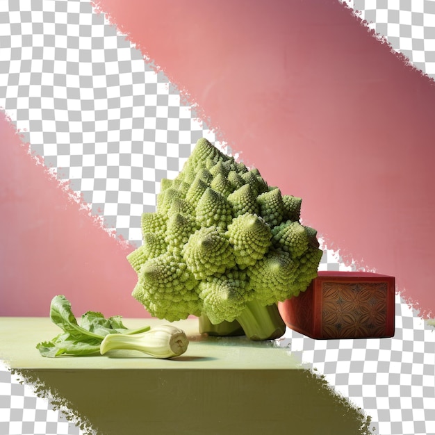Newly purchased romanesco broccoli on kitchen table still in packaging transparent background