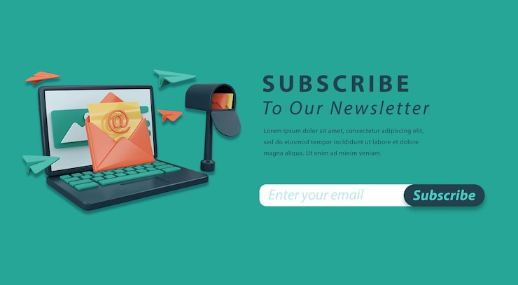 PSD newsletter subscribe with 3d laptop dekstop illustration