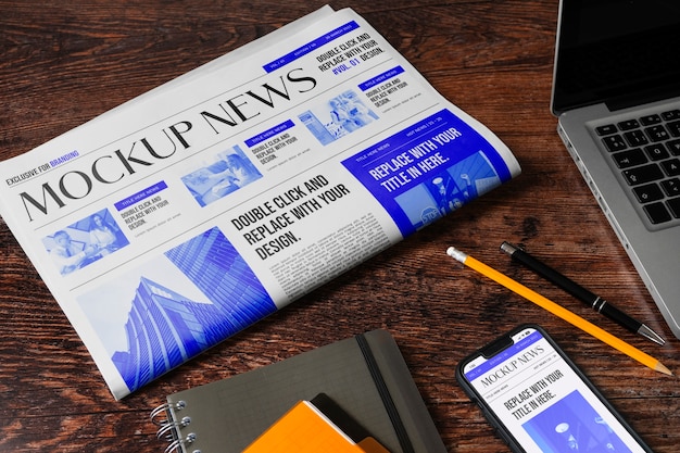newspaper mockup on the room floor