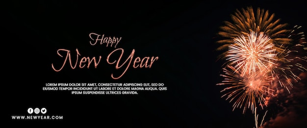 PSD newyear text banner with image of orange and yellow color fireworks on a black background