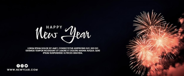 PSD newyear text banner with image of red fireworks on a black background