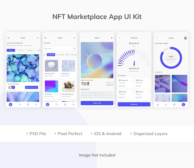 PSD kit interfaccia utente dell'app nft art marketplace