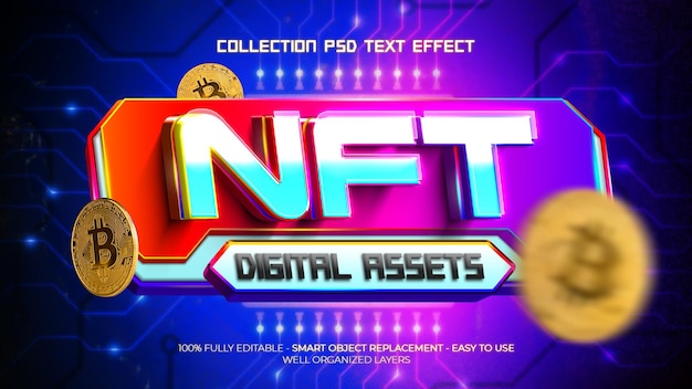 PSD nft collection digital assets 3d text effect with 3d object style rgb color