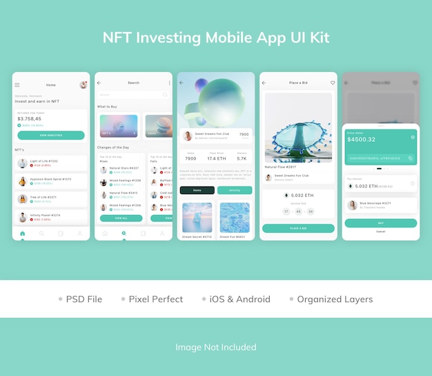 Kit dell'interfaccia utente dell'app mobile nft investing