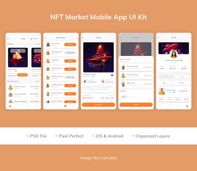 Комплект пользовательского интерфейса мобильного приложения nft market