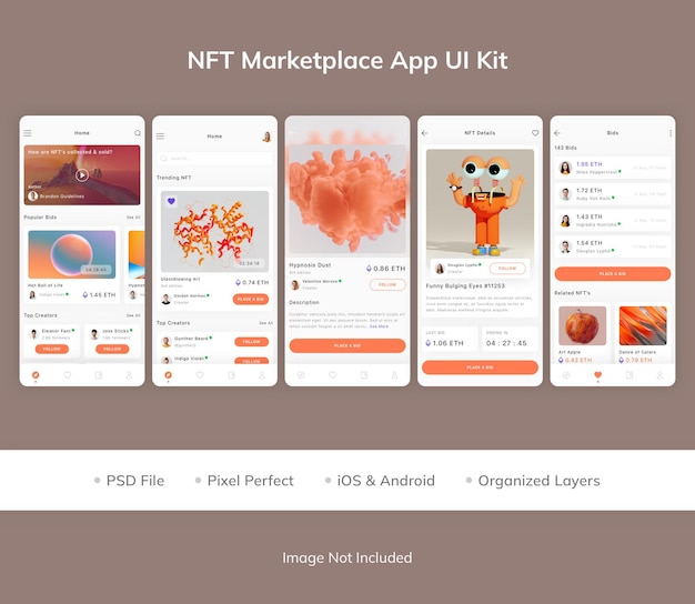 Комплект пользовательского интерфейса приложения nft marketplace