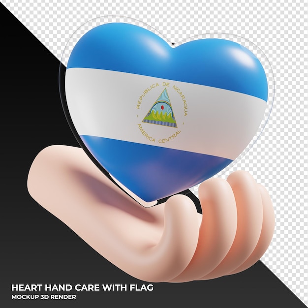 PSD nicaragua flag with heart hand care realistic 3d textured