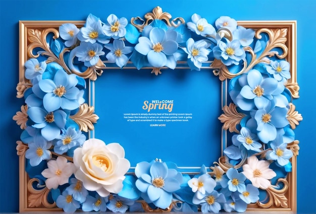 PSD 春のマグノリアの花は青い背景と正方形のフレームでデザインされています