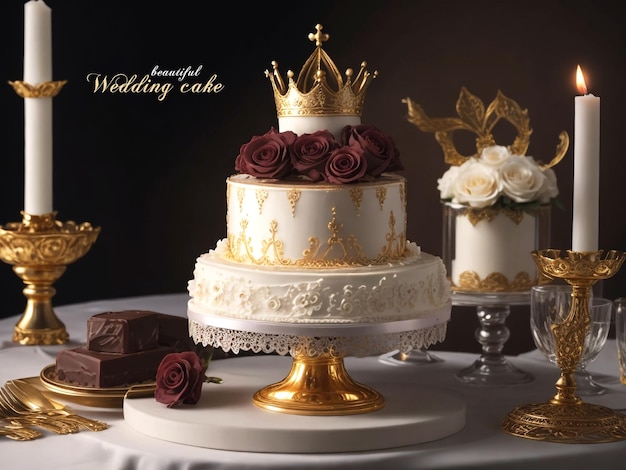 PSD nice wedding cake with chocolate decorated and sweet cream and 3d rendering background