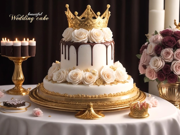 PSD nice wedding cake with chocolate decorated and sweet cream and 3d rendering background