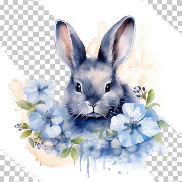PSD niebieska akwarela ilustracja zająca wielkanocnego wśród kwiatów