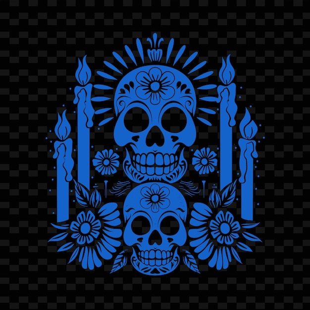 PSD niebieska i złota czaszka i kwiaty na czarnym tle