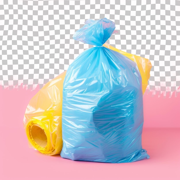 PSD niebieska plastikowa torba z żółtym uchwytem siedzi na różowym tle